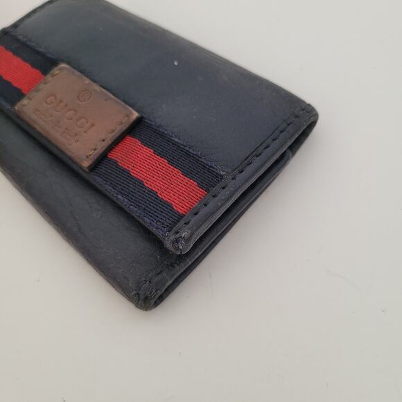 Gucci Logo Key Holder Wallet Case Leather Small Unisex Black Trifold Striped - Picture 12 of 12